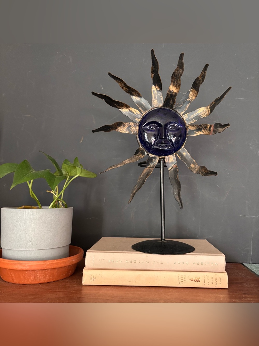 Decorative Blue Sun Face Metal Sculpture - Home Art